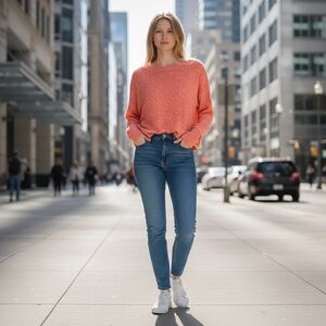 Anthropologie Salmon Pink Boatneck Crop Sweater XS Polyester Blend